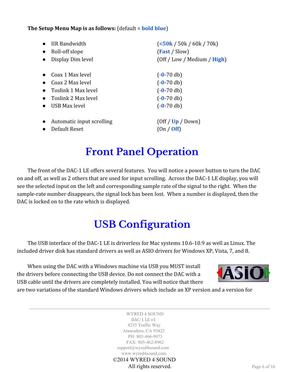 Front panel operation, Usb configuration | Wyred 4 Sound DAC-1 LE User Manual | Page 6 / 16