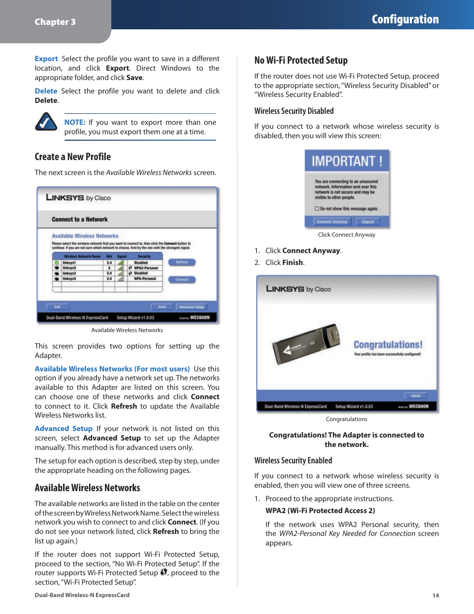Configuration, Create a new profile, Available wireless networks | No wi-fi protected setup | Cisco WEC600N User Manual | Page 15 / 44