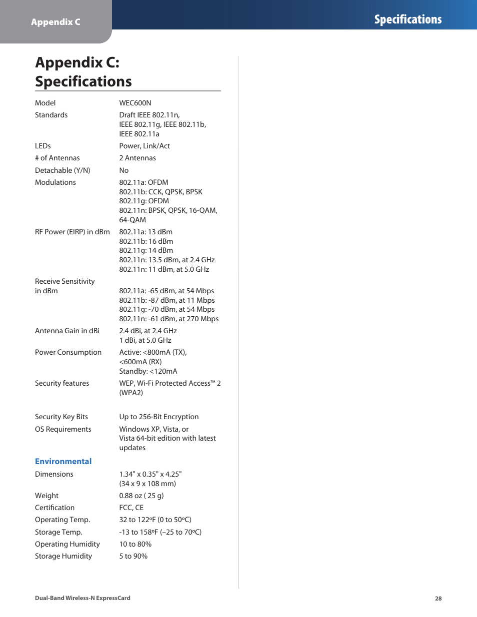 Appendix c: specifications, Specifications | Cisco WEC600N User Manual | Page 29 / 44