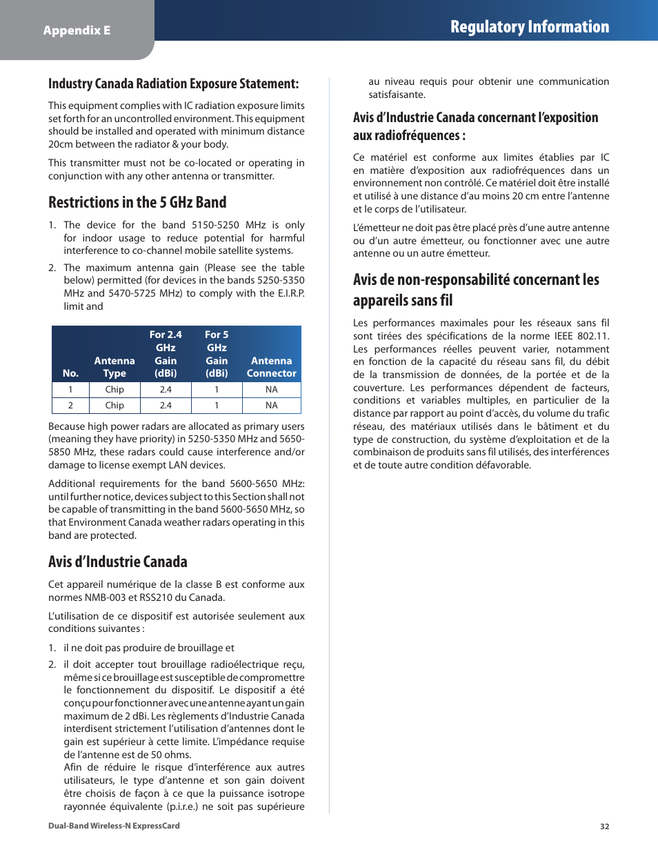 Regulatory information, Restrictions in the 5 ghz band, Avis d’industrie canada | Industry canada radiation exposure statement | Cisco WEC600N User Manual | Page 33 / 44