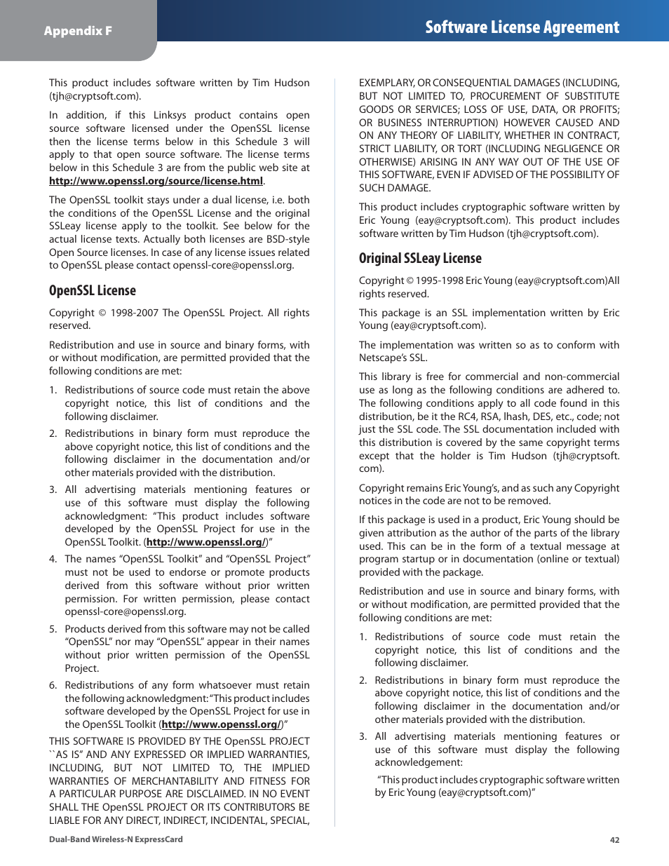 Software license agreement, Openssl license, Original ssleay license | Cisco WEC600N User Manual | Page 43 / 44