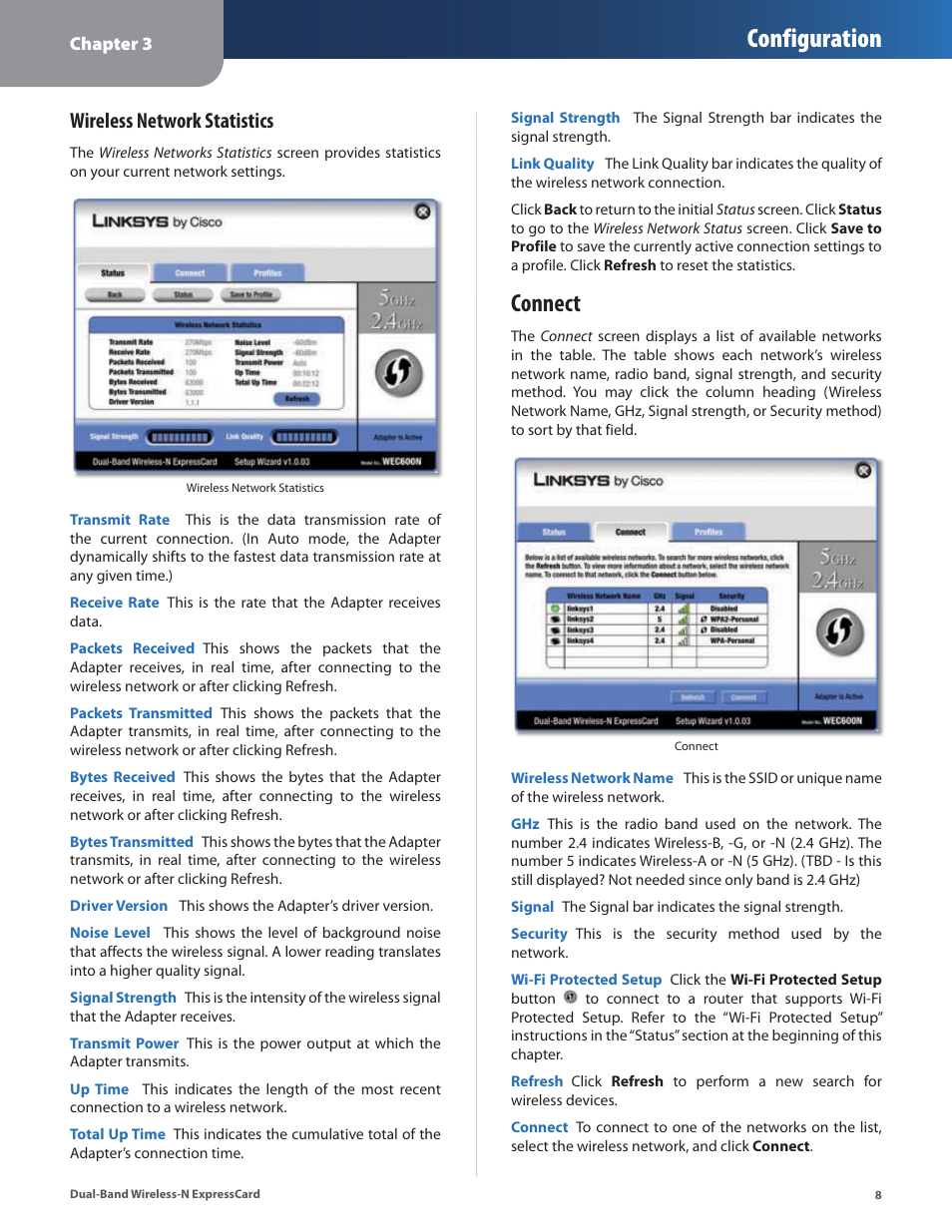 Configuration, Connect, Wireless network statistics | Cisco WEC600N User Manual | Page 9 / 44
