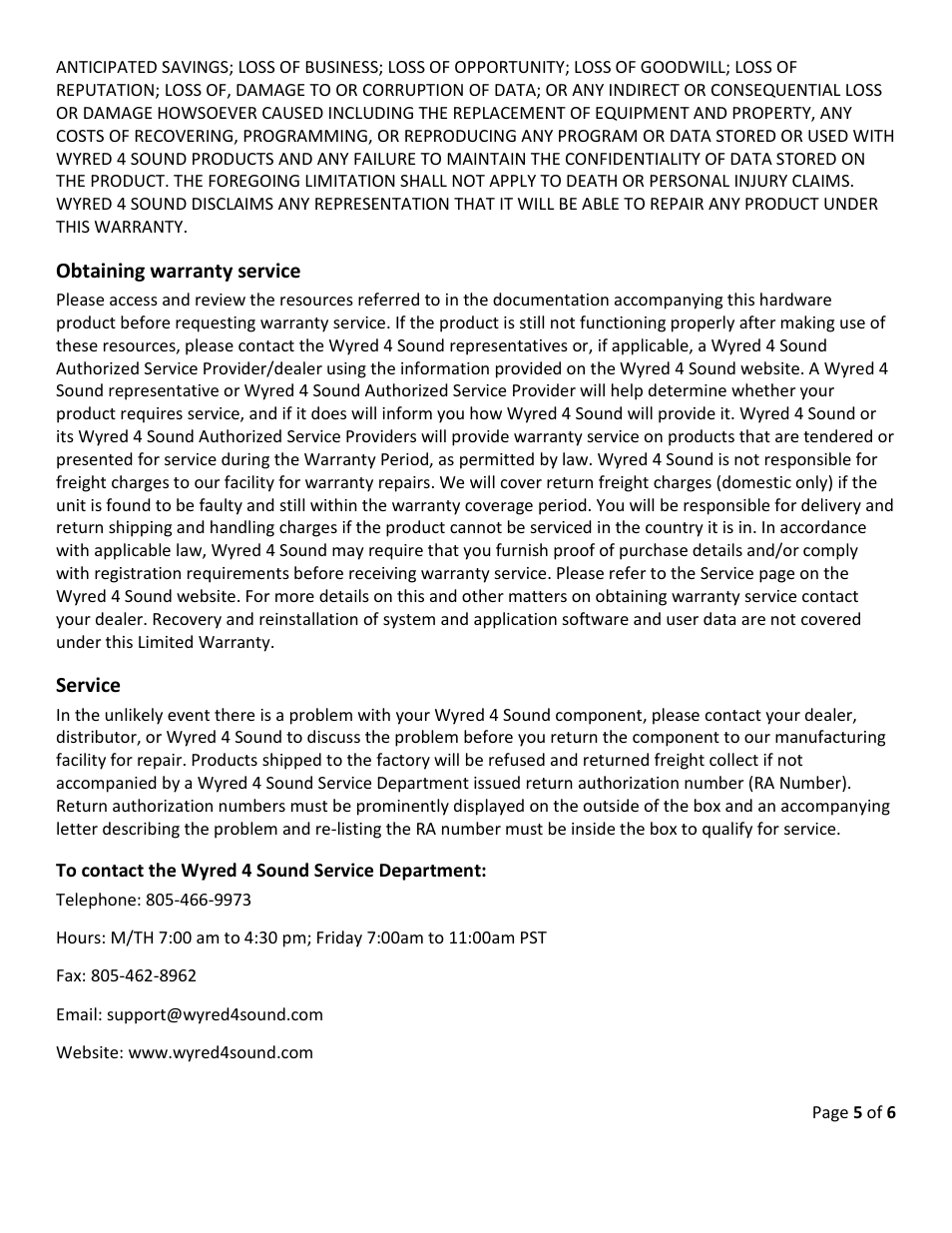 Obtaining warranty service, Service, To contact the wyred 4 sound service department | Wyred 4 Sound Remedy Reclocker User Manual | Page 5 / 6