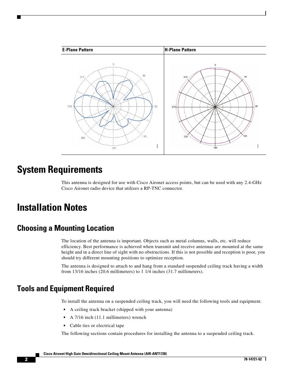 System requirements, Installation notes, Choosing a mounting location | Tools and equipment required | Cisco Aironet High Gain Omnidirectional Ceiling Mount Antenna AIR-ANT1728 User Manual | Page 2 / 4