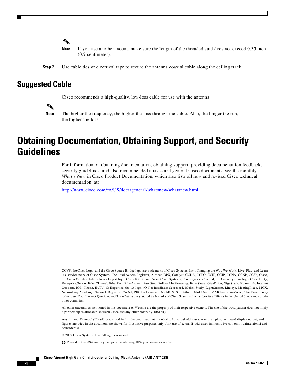 Suggested cable | Cisco Aironet High Gain Omnidirectional Ceiling Mount Antenna AIR-ANT1728 User Manual | Page 4 / 4