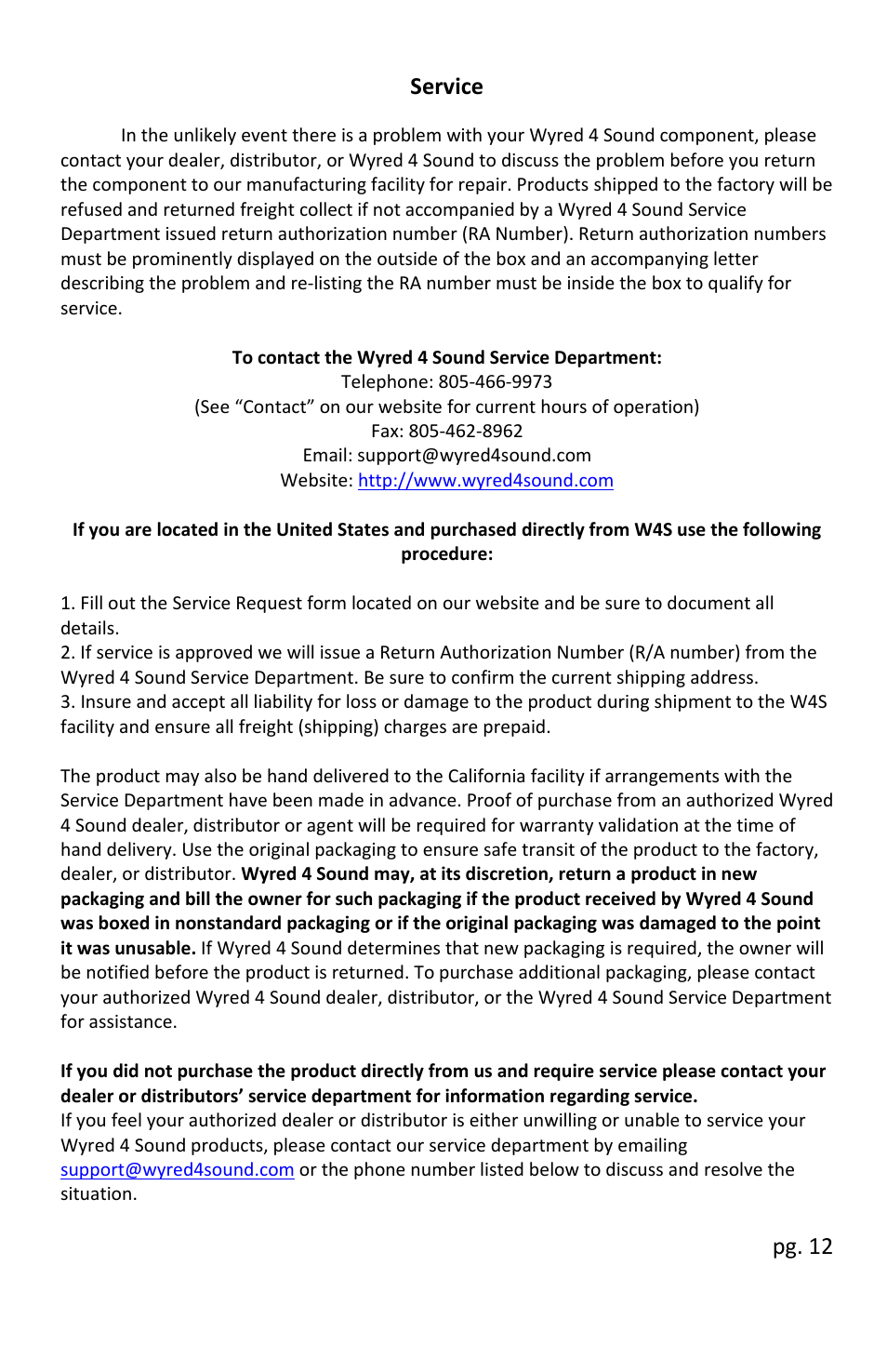 Pg. 12, Service | Wyred 4 Sound STmkII Series User Manual | Page 14 / 16