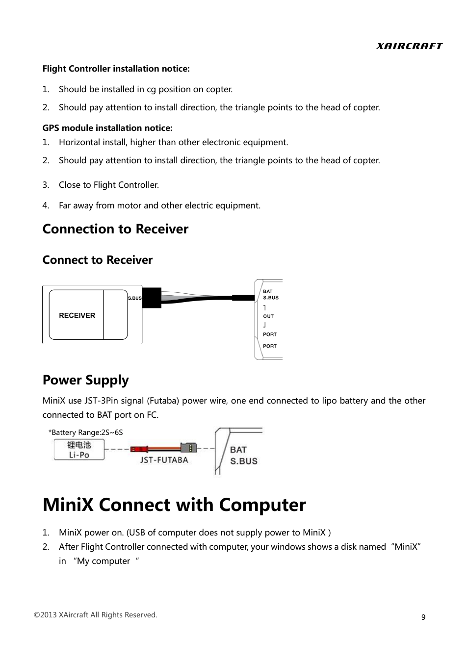 Connection to receiver, Connect to receiver, Power supply | Minix connect with computer | XAIRCRAFT MINIX User Manual | Page 11 / 28