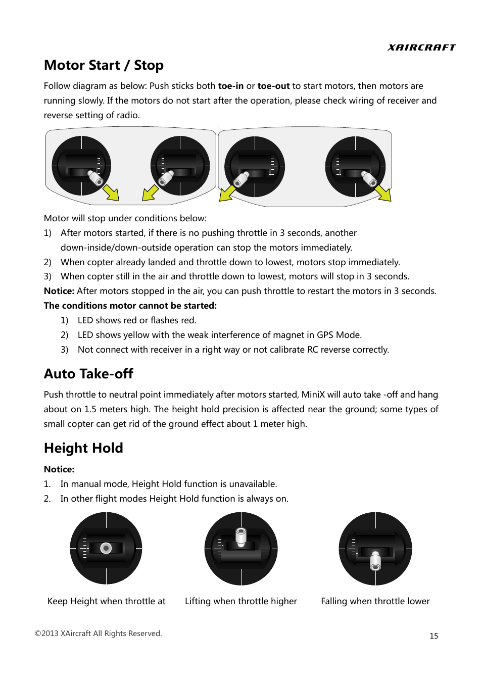 Motor start / stop auto take-off height hold, Motor start / stop, Auto take-off | Height hold | XAIRCRAFT MINIX User Manual | Page 17 / 28