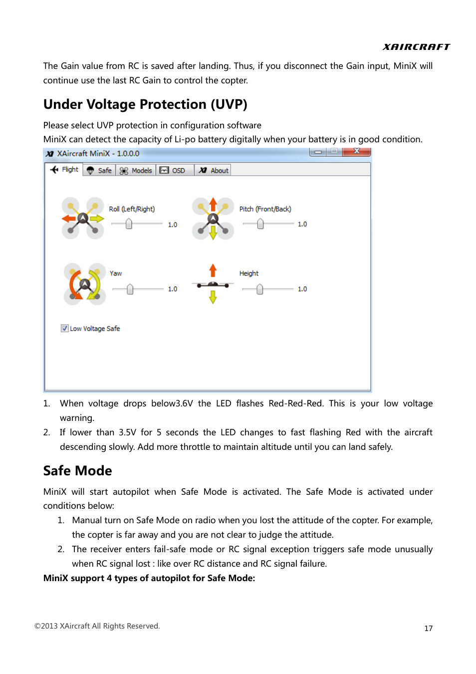 Safe mode, Under voltage protection (uvp) | XAIRCRAFT MINIX User Manual | Page 19 / 28