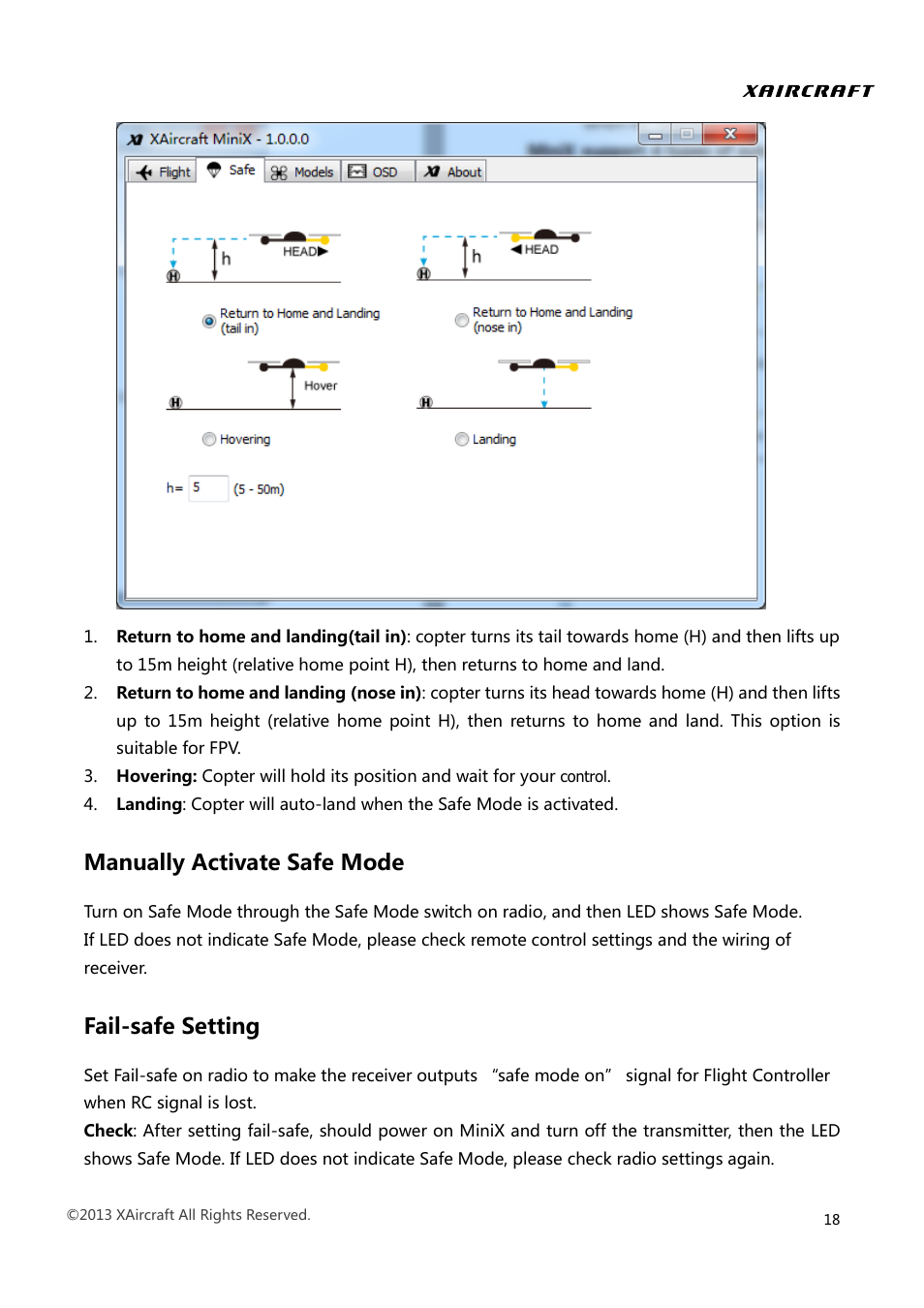 Manually activate safe mode fail-safe setting, Manually activate safe mode, Fail-safe setting | XAIRCRAFT MINIX User Manual | Page 20 / 28