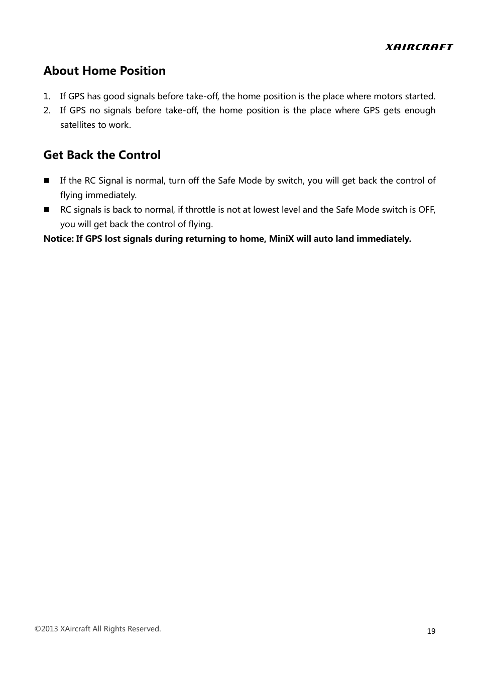 About home position get back the control, About home position, Get back the control | XAIRCRAFT MINIX User Manual | Page 21 / 28