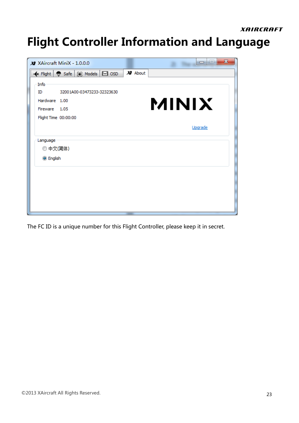 Flight controller information and language | XAIRCRAFT MINIX User Manual | Page 25 / 28