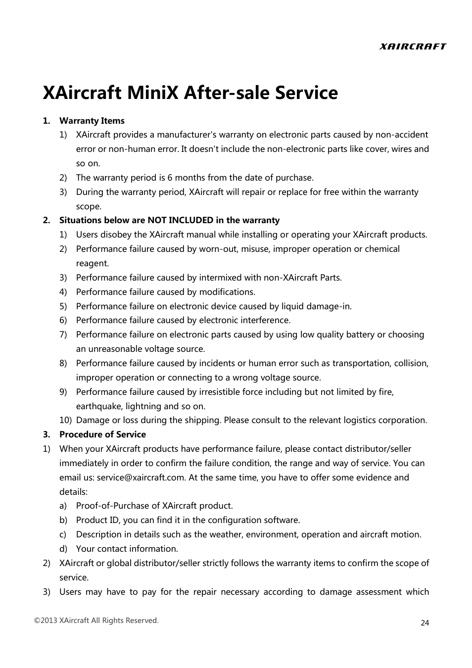 Xaircraft minix after-sale service | XAIRCRAFT MINIX User Manual | Page 26 / 28