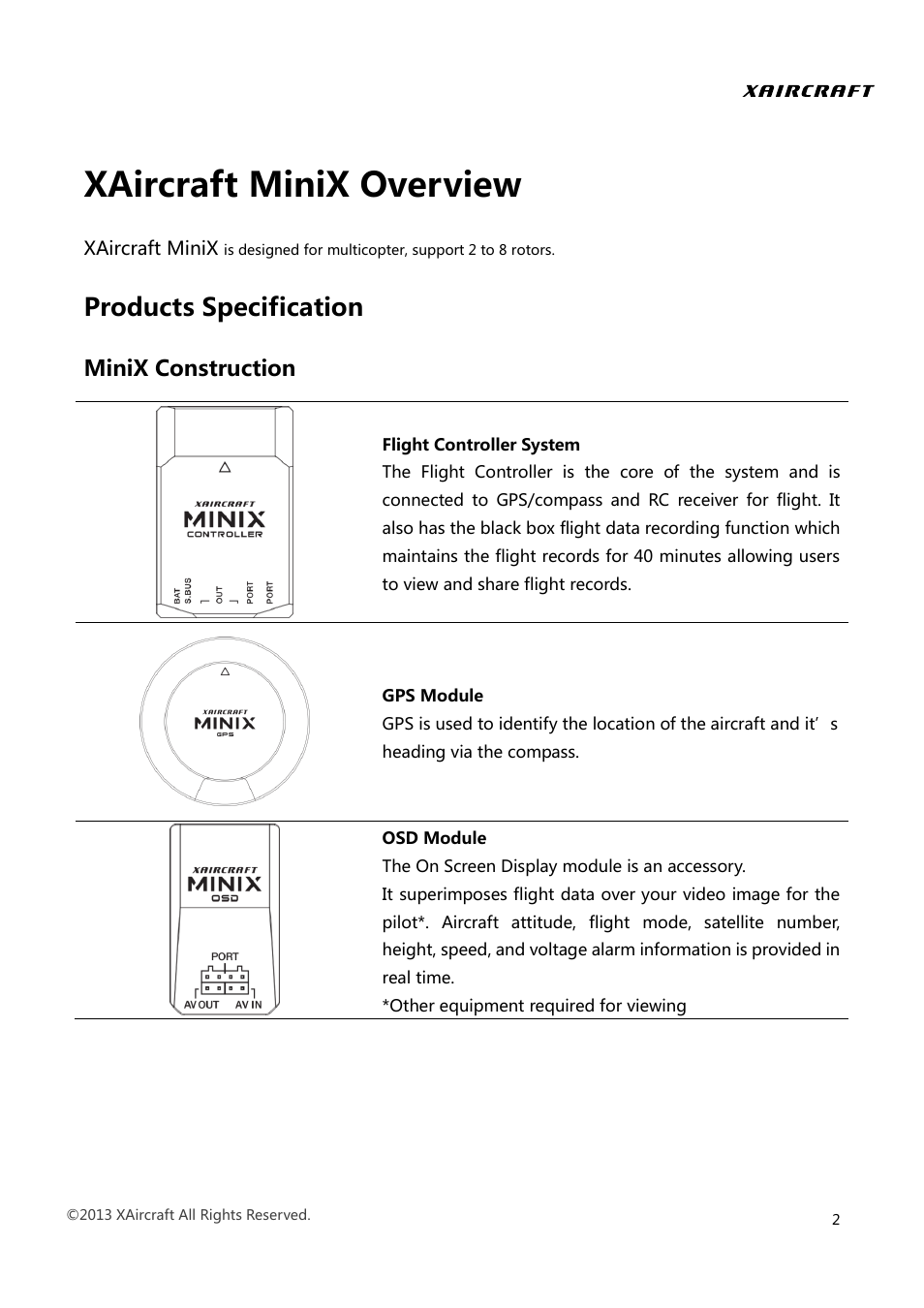 Xaircraft minix overview, Products specification, Minix construction | XAIRCRAFT MINIX User Manual | Page 4 / 28