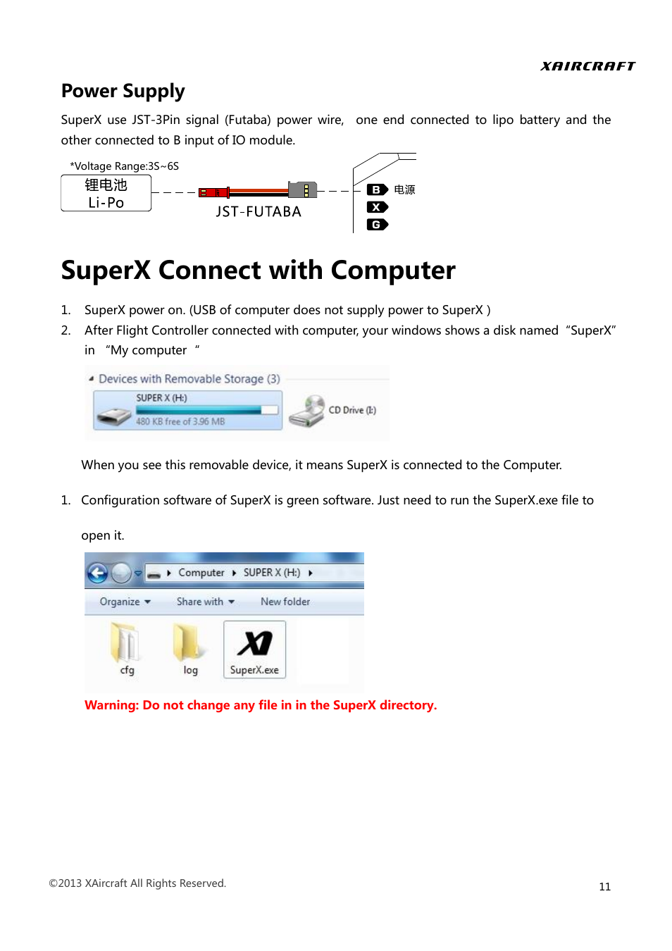Power supply, Superx connect with computer | XAIRCRAFT Super X User Manual | Page 14 / 31