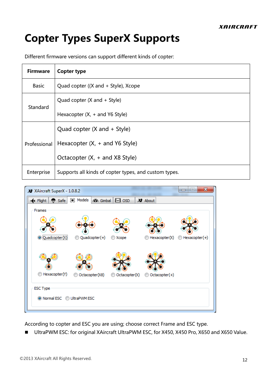 Copter types superx supports, Copter types, Superx supports | XAIRCRAFT Super X User Manual | Page 15 / 31