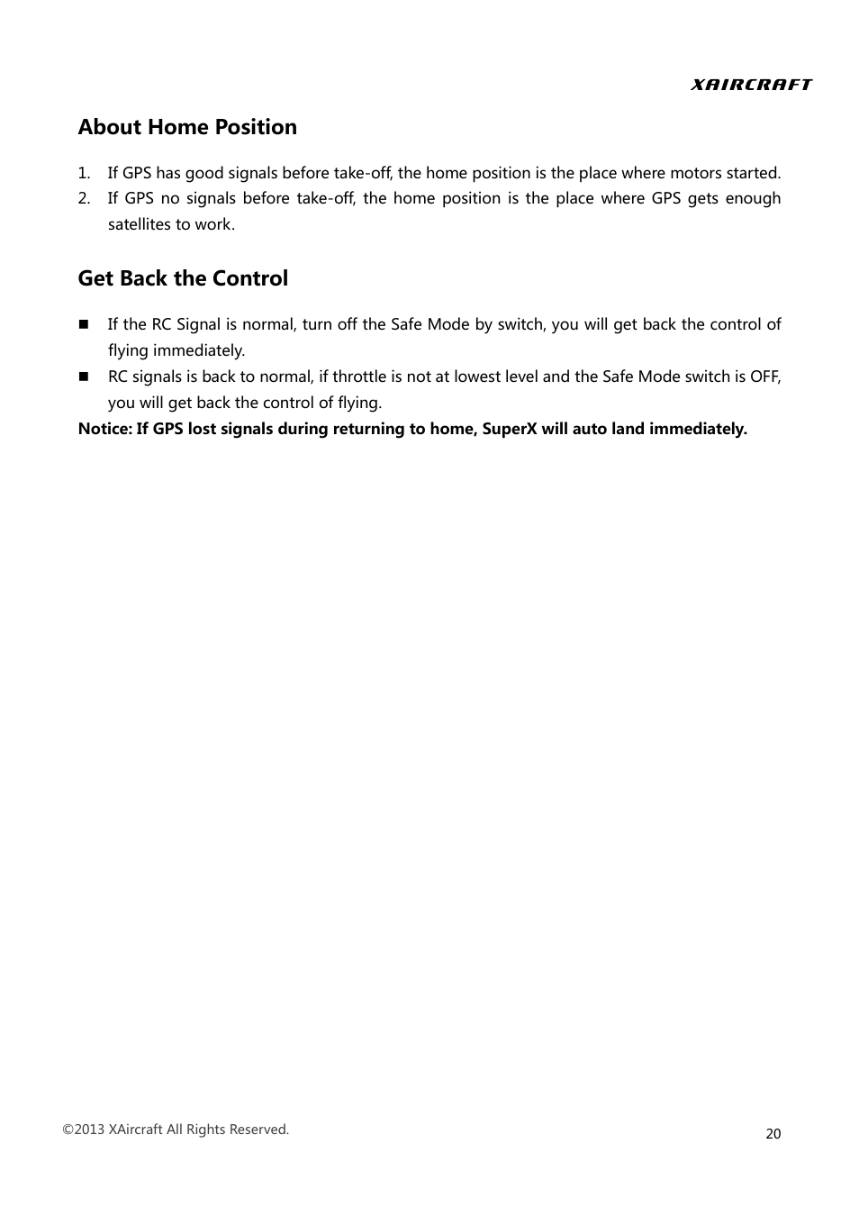About home position get back the control, About home position, Get back the control | XAIRCRAFT Super X User Manual | Page 23 / 31