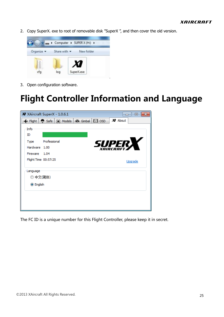 Flight controller information and language | XAIRCRAFT Super X User Manual | Page 28 / 31
