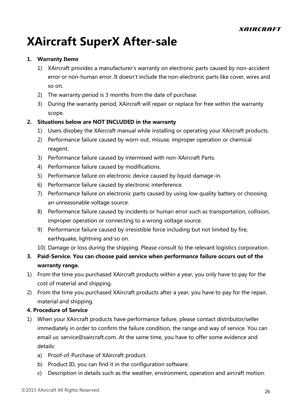 Xaircraft superx after-sale | XAIRCRAFT Super X User Manual | Page 29 / 31