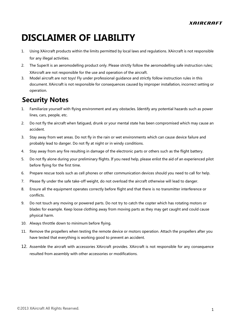 Disclaimer of liability | XAIRCRAFT Super X User Manual | Page 4 / 31