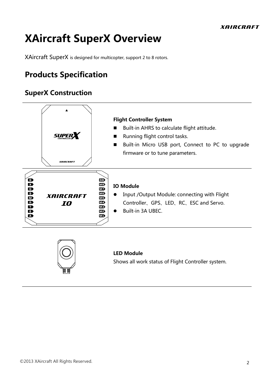 Xaircraft superx overview, Products specification, Superx construction | XAIRCRAFT Super X User Manual | Page 5 / 31
