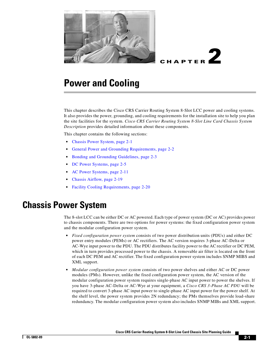 Power and cooling, Chassis power system, C h a p t e r | Chapter 2, “power and cooling | Cisco CRS-1 User Manual | Page 21 / 70