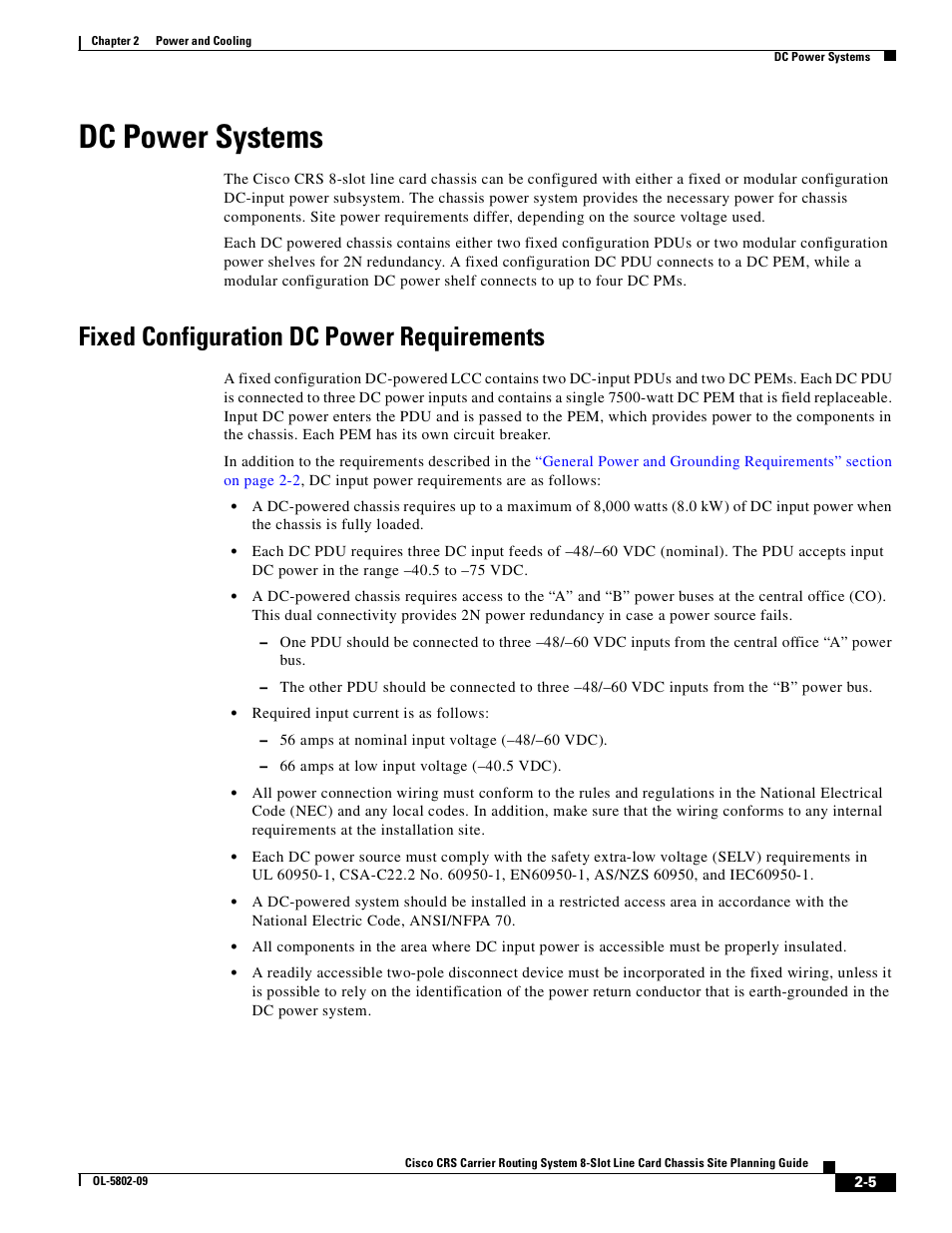 Dc power systems, Fixed configuration dc power requirements | Cisco CRS-1 User Manual | Page 25 / 70
