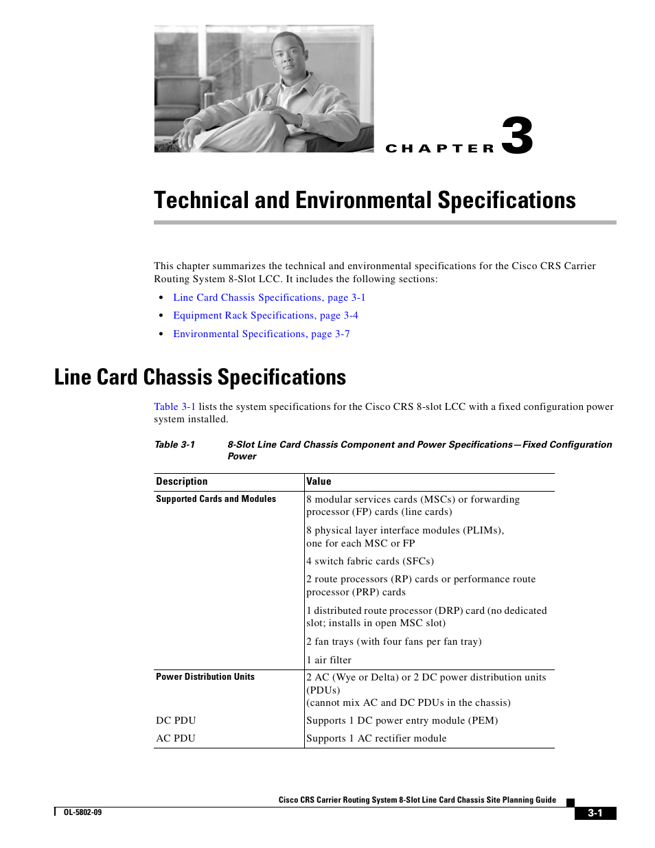 Technical and environmental specifications, Line card chassis specifications, C h a p t e r | Chapter 3, “technical and, Environmental specifications | Cisco CRS-1 User Manual | Page 41 / 70