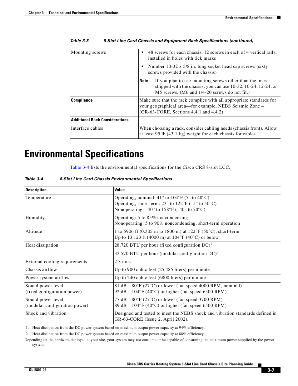 Environmental specifications | Cisco CRS-1 User Manual | Page 47 / 70