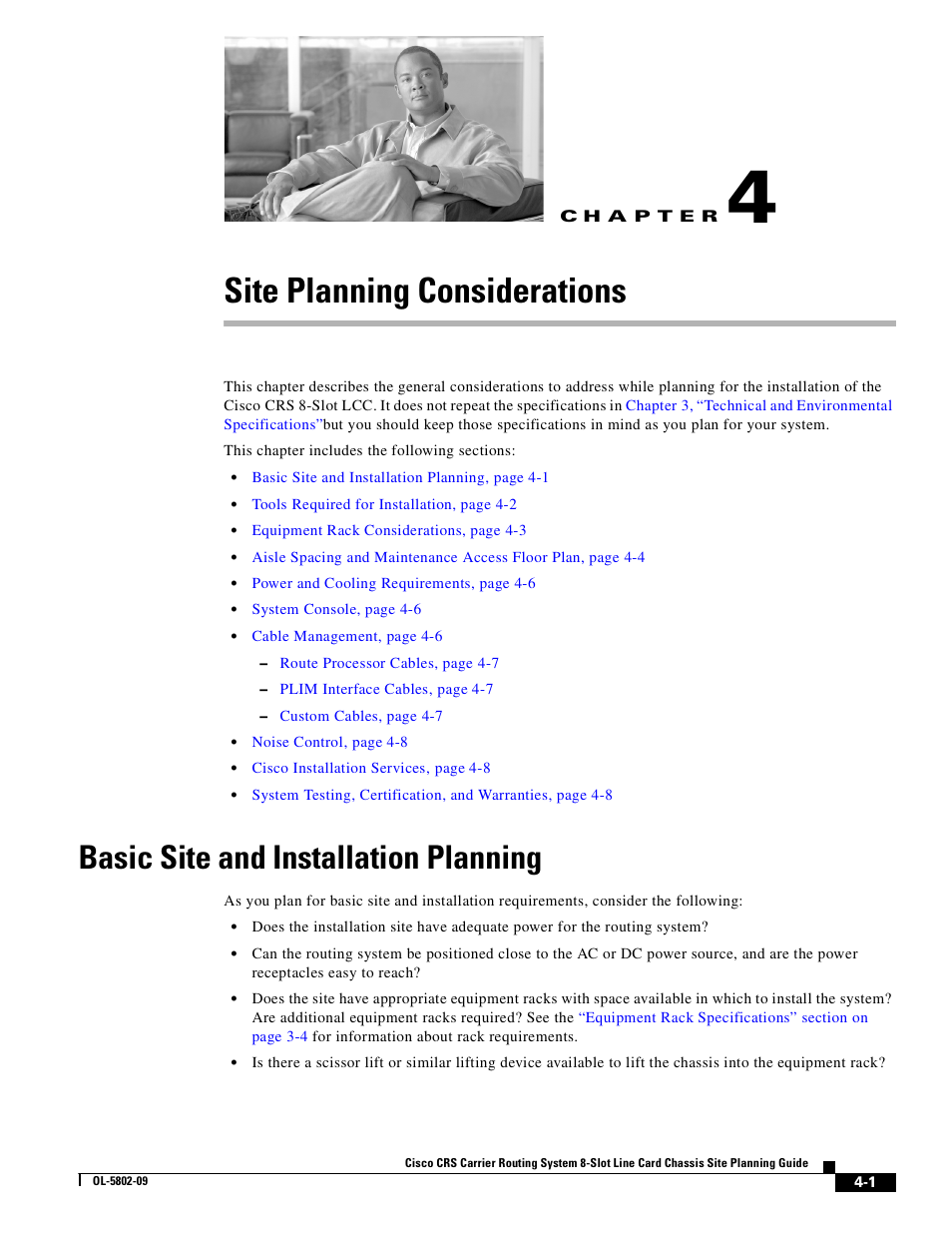 Site planning considerations, Basic site and installation planning, C h a p t e r | Chapter 4, “site planning considerations, Chapter 4, “site, Planning considerations | Cisco CRS-1 User Manual | Page 49 / 70