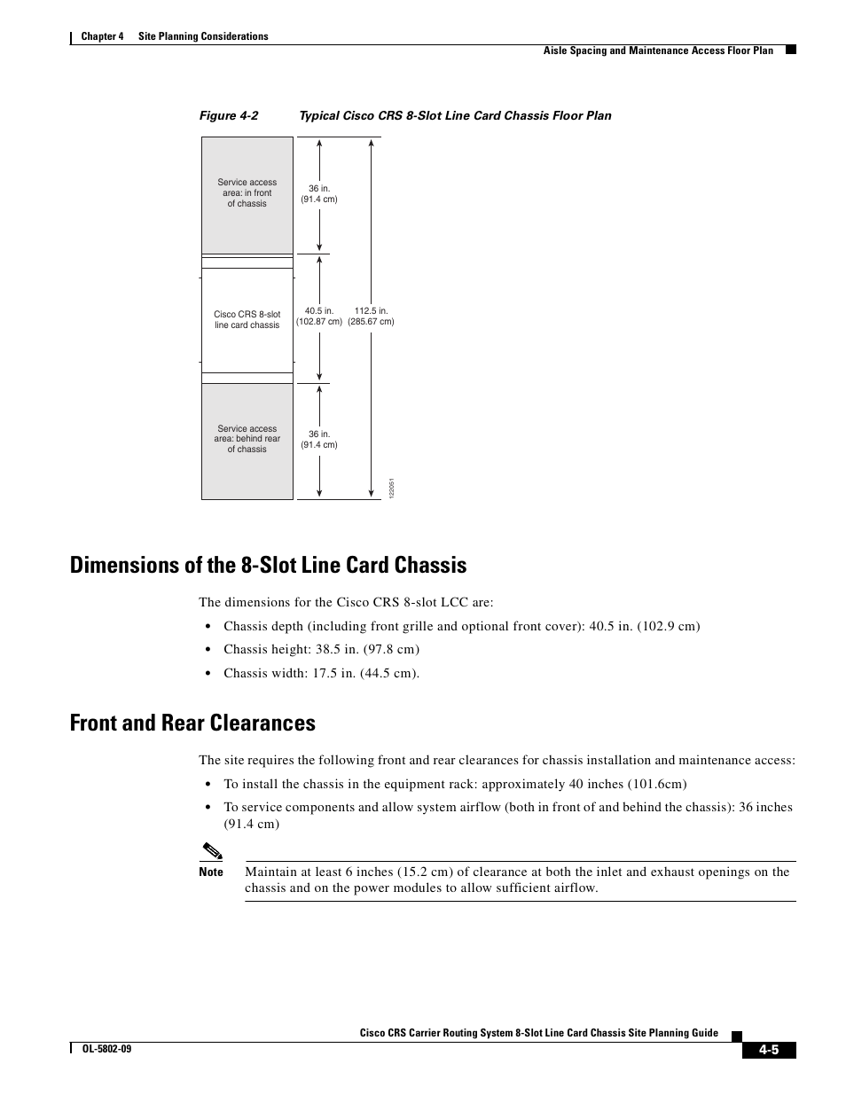 Dimensions of the 8-slot line card chassis, Front and rear clearances | Cisco CRS-1 User Manual | Page 53 / 70