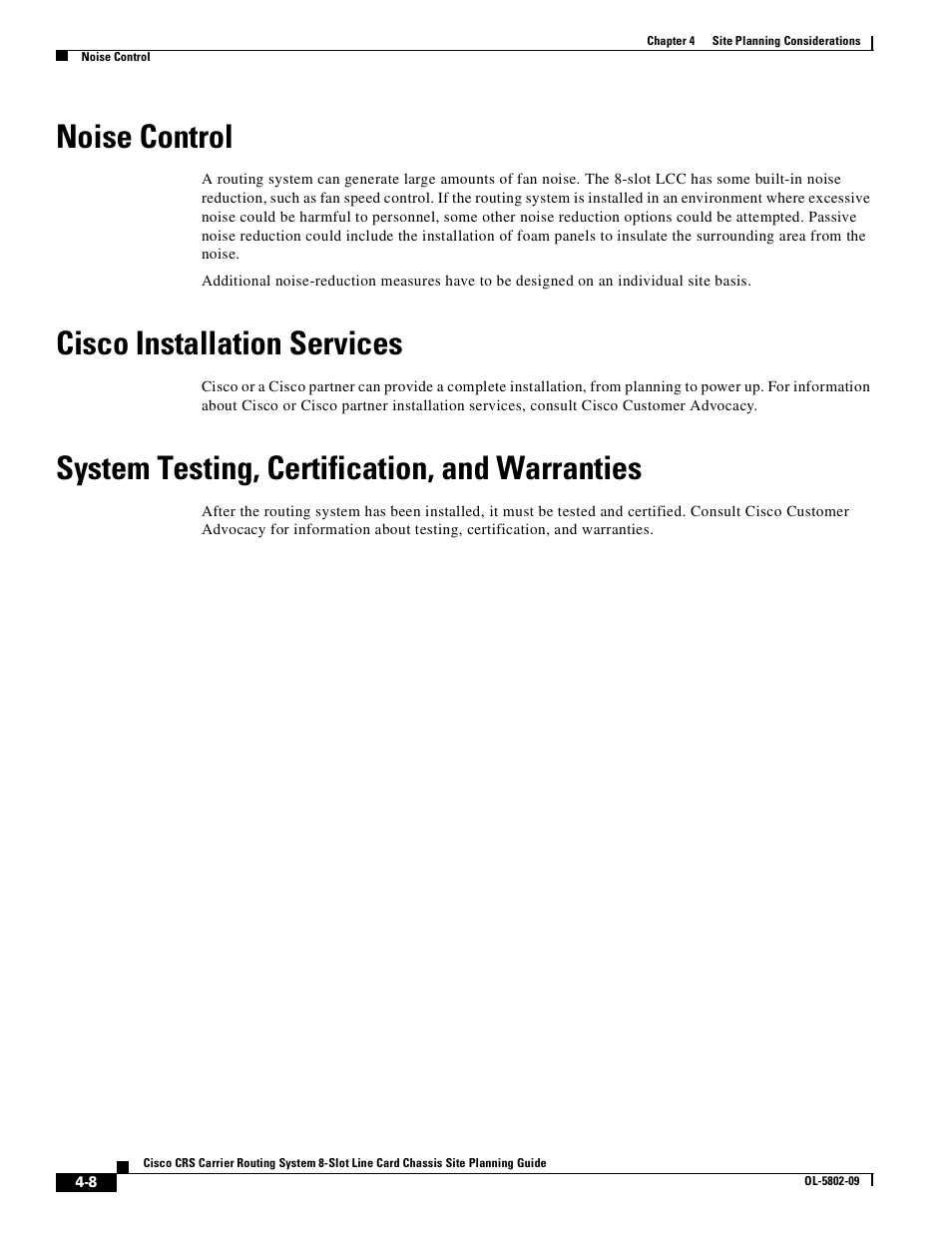 Noise control, Cisco installation services, System testing, certification, and warranties | Cisco CRS-1 User Manual | Page 56 / 70