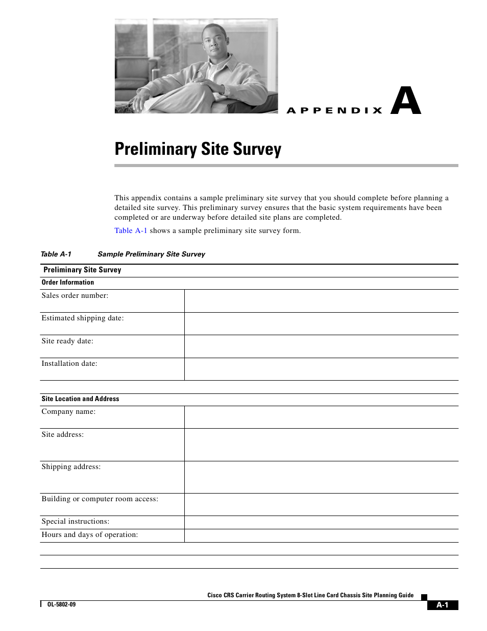 Preliminary site survey, A p p e n d i x, Appendix a, “preliminary site survey | Cisco CRS-1 User Manual | Page 57 / 70