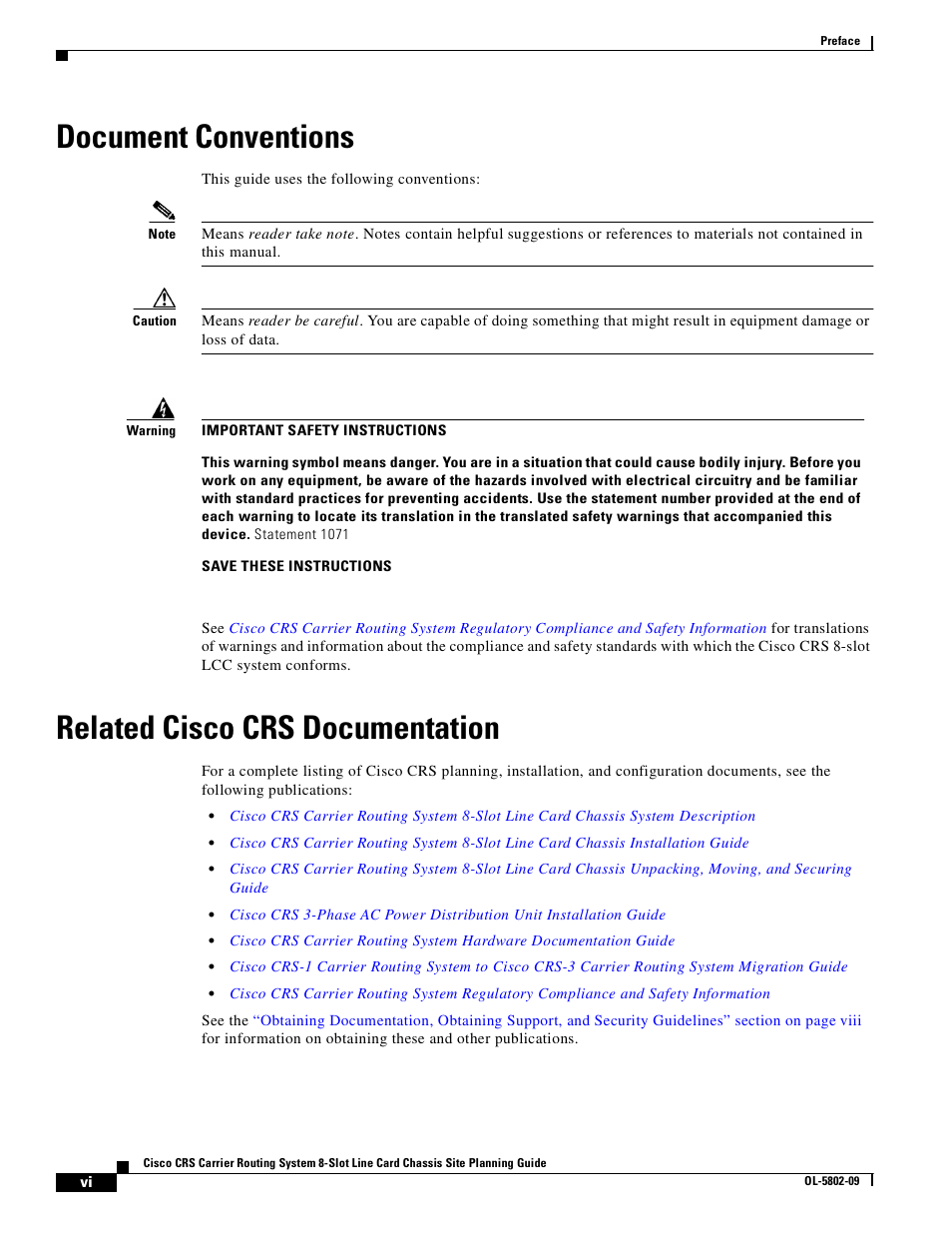 Document conventions, Related cisco crs documentation | Cisco CRS-1 User Manual | Page 6 / 70