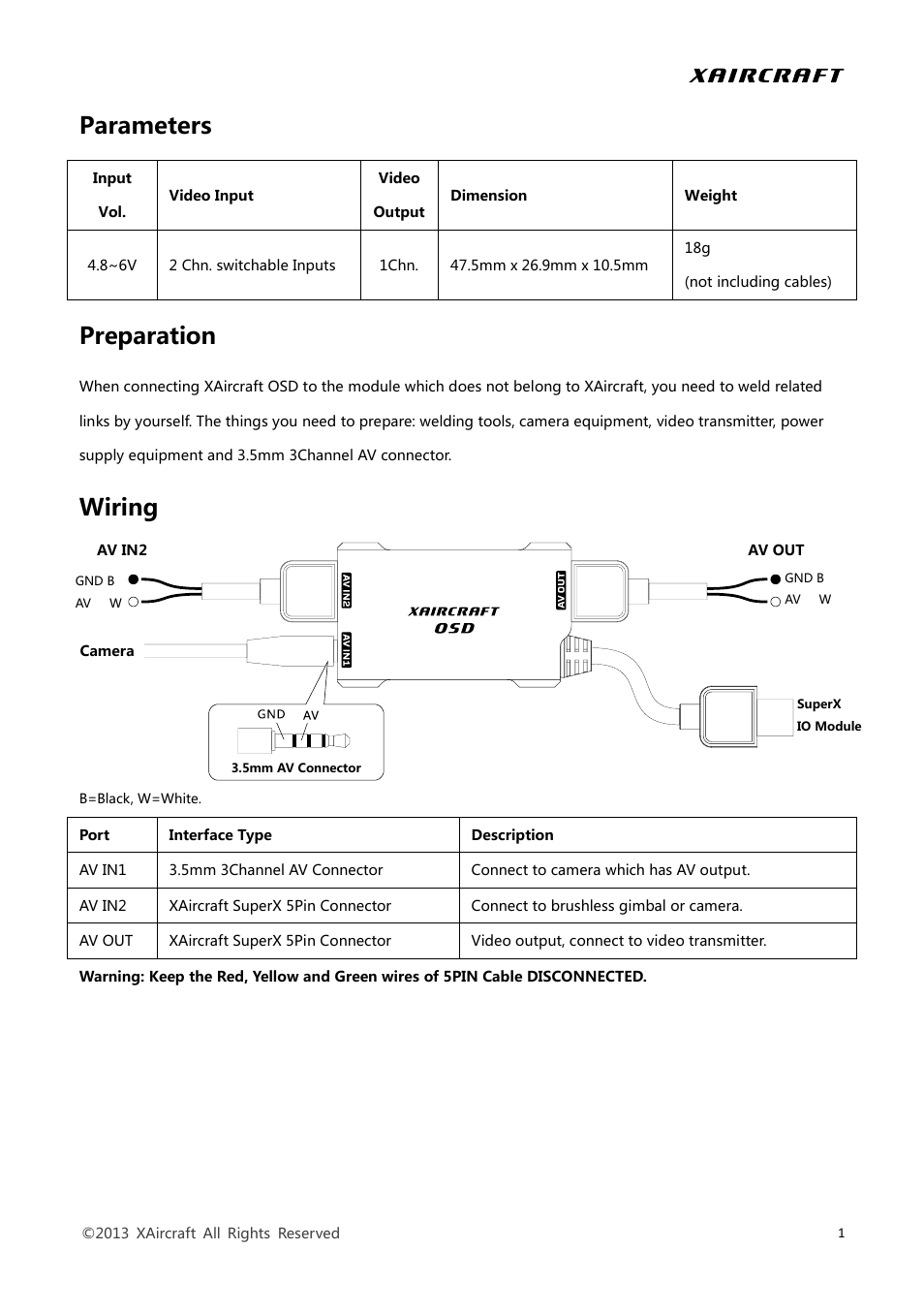 Parameters, Preparation, Wiring | XAIRCRAFT OSD User Manual | Page 2 / 5