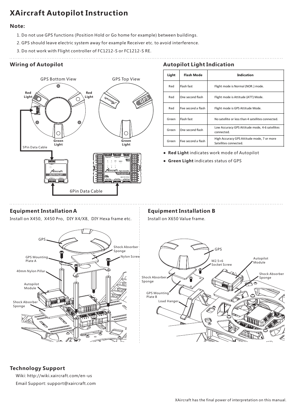 Xaircraft autopilot instruction, Equipment installation b, Equipment installation | Awiring of autopilot, Autopilot light indication, Technology support | XAIRCRAFT Autopilot User Manual | Page 2 / 2