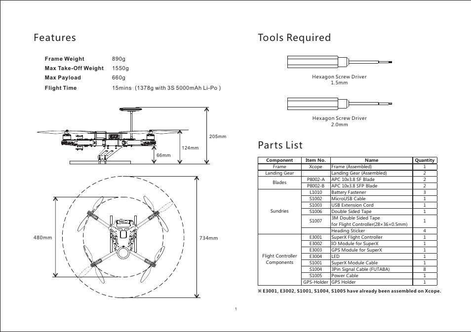 Tools required, Features, Parts list | XAIRCRAFT Xcope User Manual | Page 2 / 11