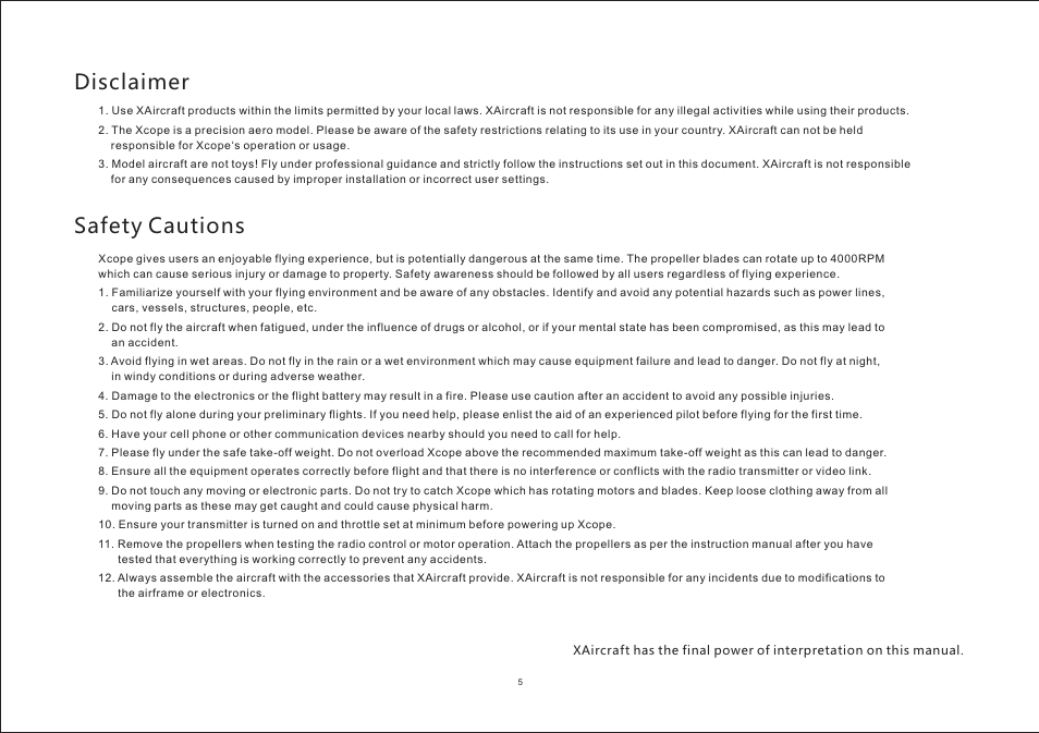 Safety cautions disclaimer | XAIRCRAFT Xcope User Manual | Page 6 / 11