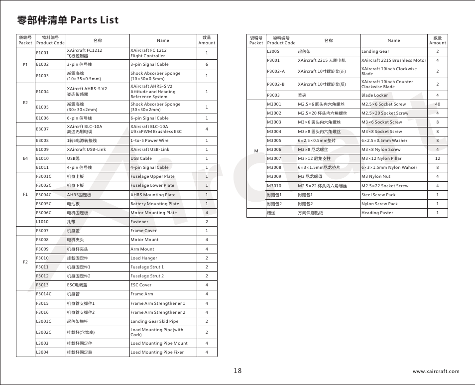 零部件清单 parts list | XAIRCRAFT X650 Value User Manual | Page 20 / 21