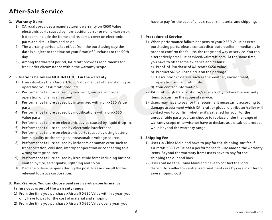 After-sale service | XAIRCRAFT X650 Value User Manual | Page 8 / 21