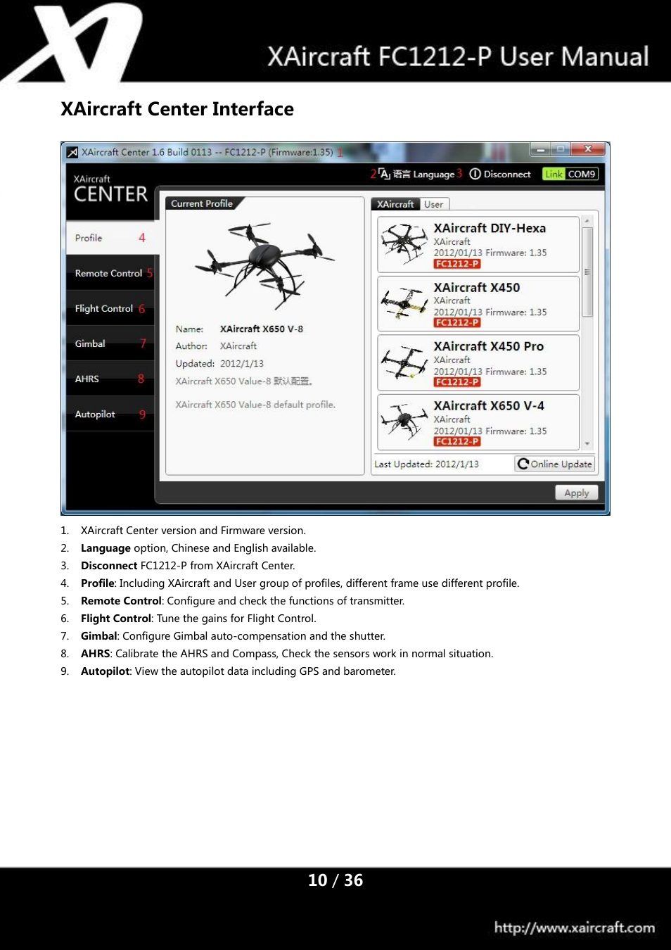Xaircraft center interface | XAIRCRAFT FC1212-P User Manual | Page 13 / 39