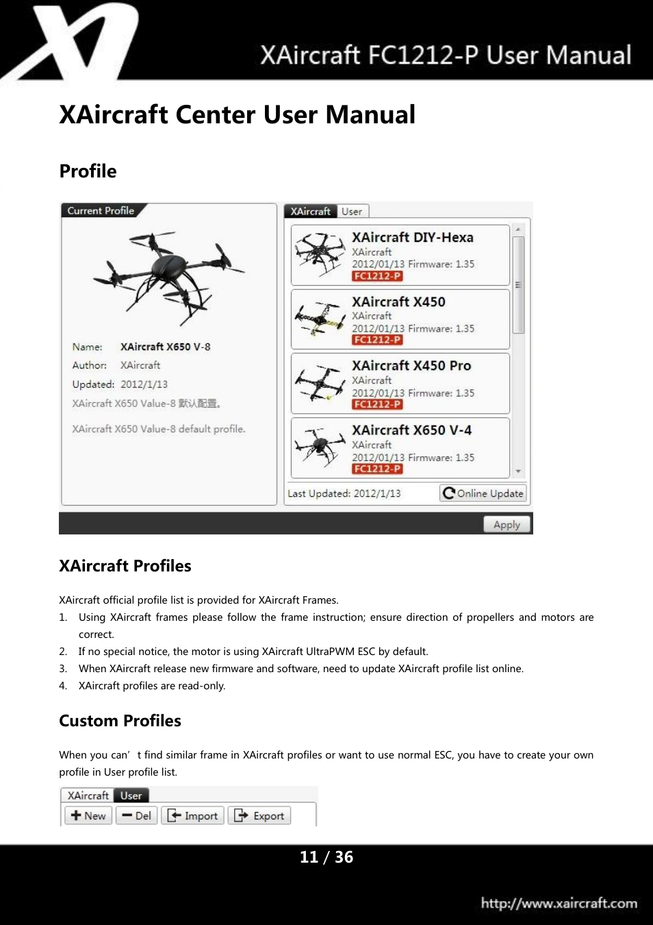 Xaircraft center user manual, Profile, Xaircraft profiles | Custom profiles | XAIRCRAFT FC1212-P User Manual | Page 14 / 39