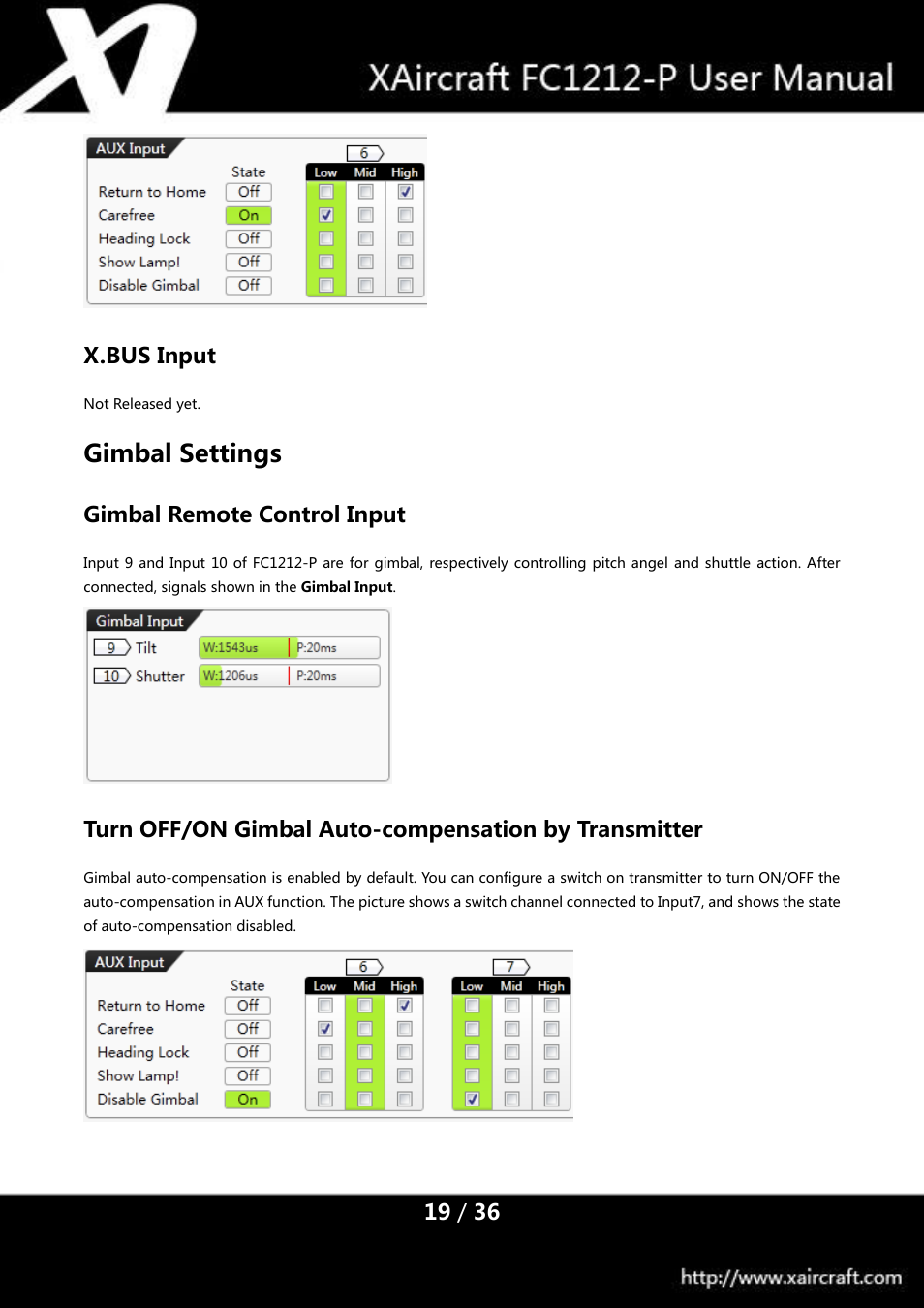 X.bus input, Gimbal settings, Gimbal remote control input | XAIRCRAFT FC1212-P User Manual | Page 22 / 39