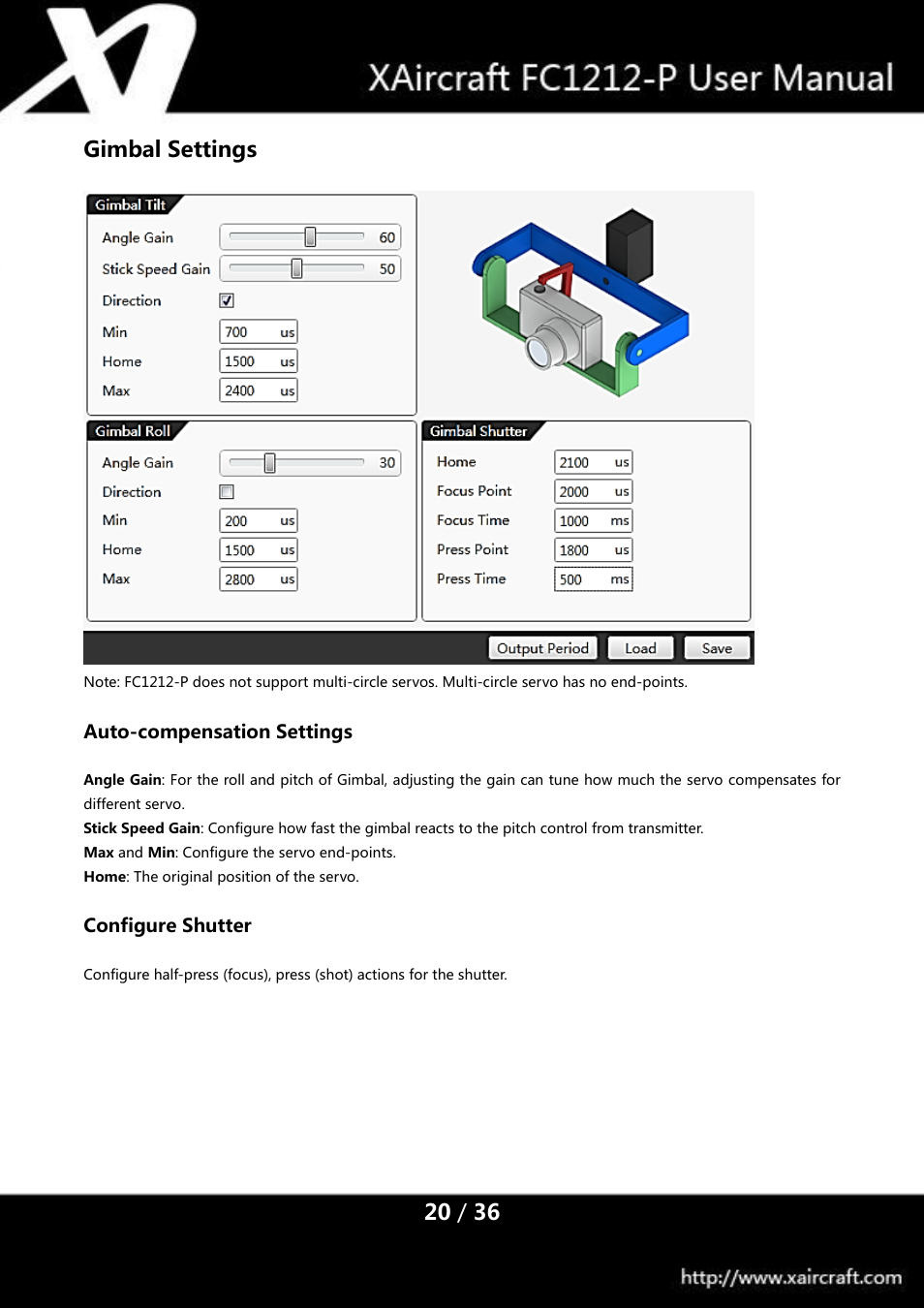 Gimbal settings | XAIRCRAFT FC1212-P User Manual | Page 23 / 39