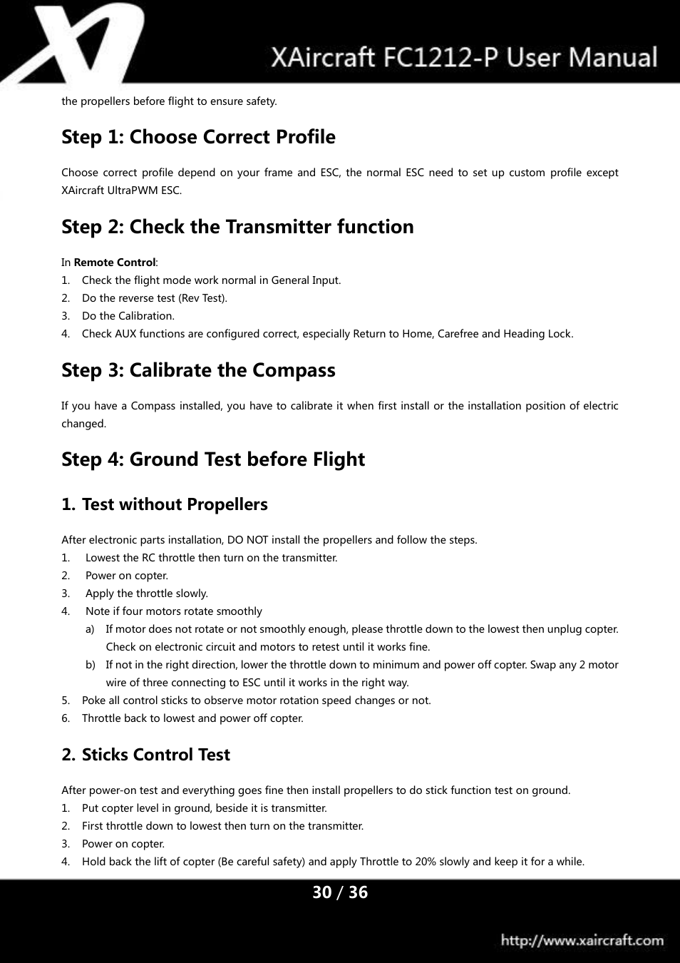 Step 1: choose correct profile, Step 2: check the transmitter function, Step 3: calibrate the compass | Step 4: ground test before flight, Test without propellers, Sticks control test | XAIRCRAFT FC1212-P User Manual | Page 33 / 39