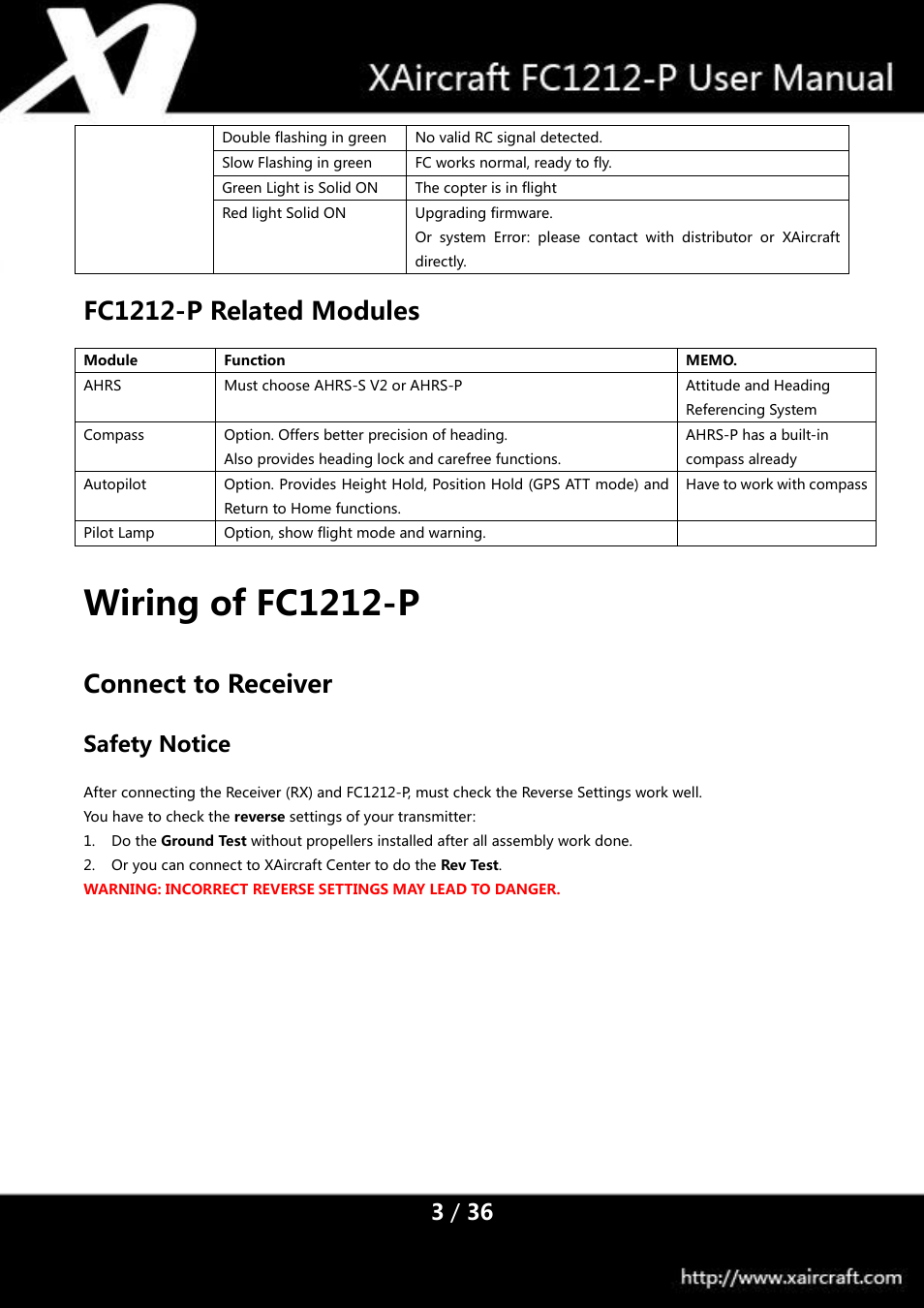 Fc1212-p related modules, Wiring of fc1212-p, Connect to receiver | Safety notice | XAIRCRAFT FC1212-P User Manual | Page 6 / 39
