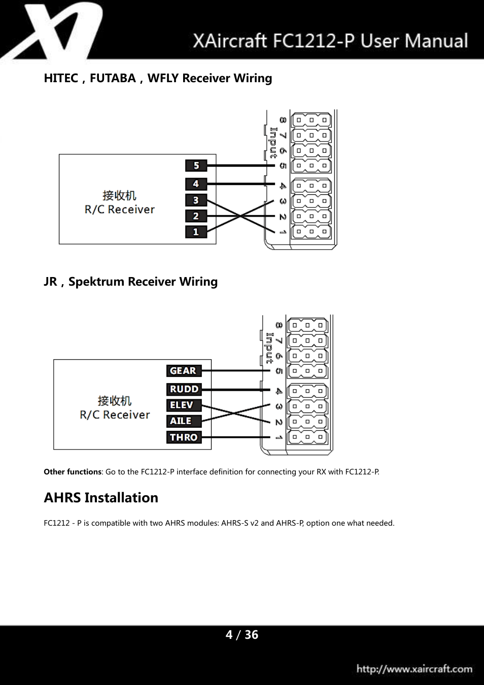 Hitec，futaba，wfly receiver wiring, Jr，spektrum receiver wiring, Ahrs installation | XAIRCRAFT FC1212-P User Manual | Page 7 / 39
