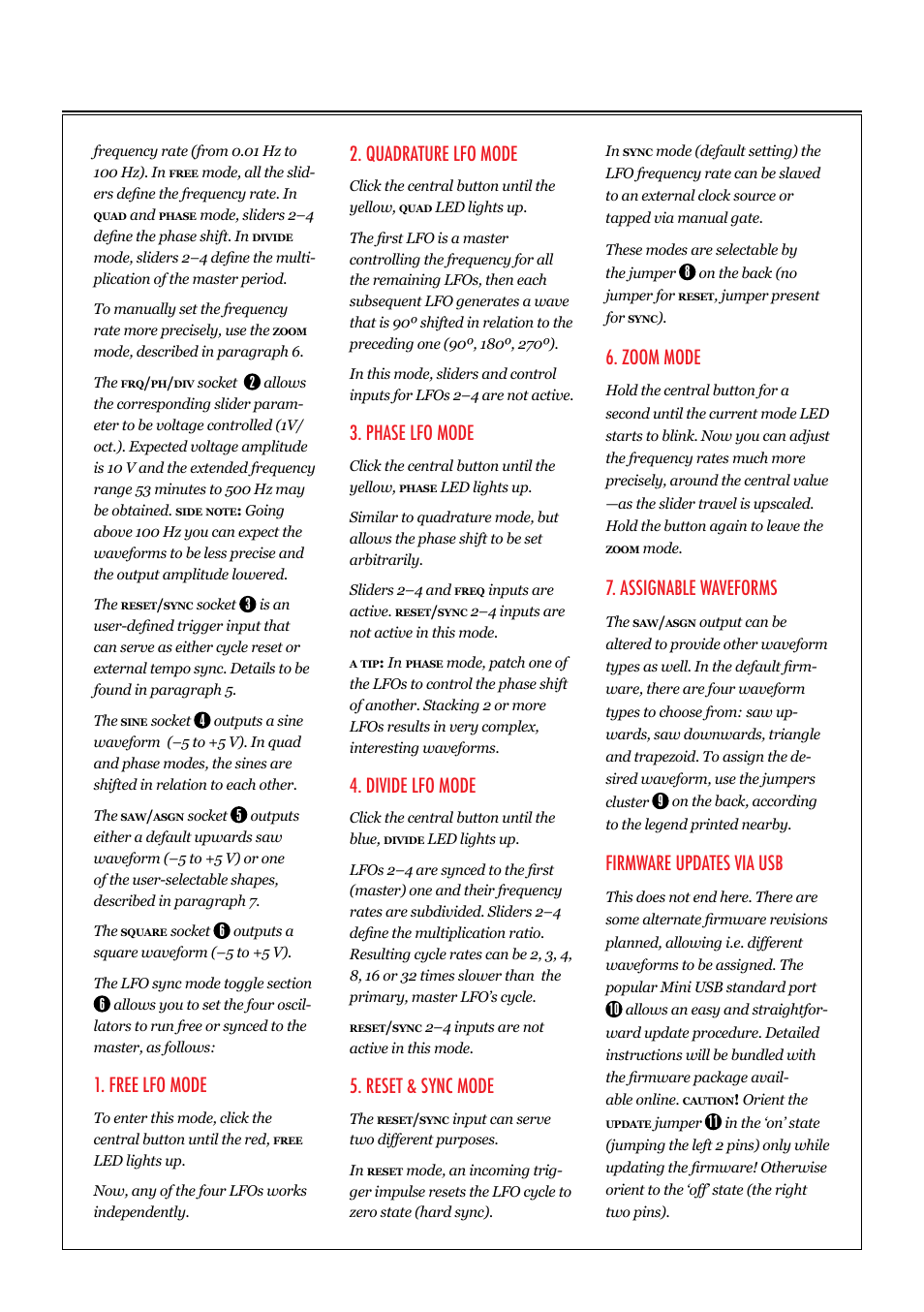 Free lfo mode, Quadrature lfo mode, Phase lfo mode | Divide lfo mode, Reset & sync mode, Zoom mode, Assignable waveforms, Firmware updates via usb | Xaoc Devices Batumi User Manual | Page 3 / 4