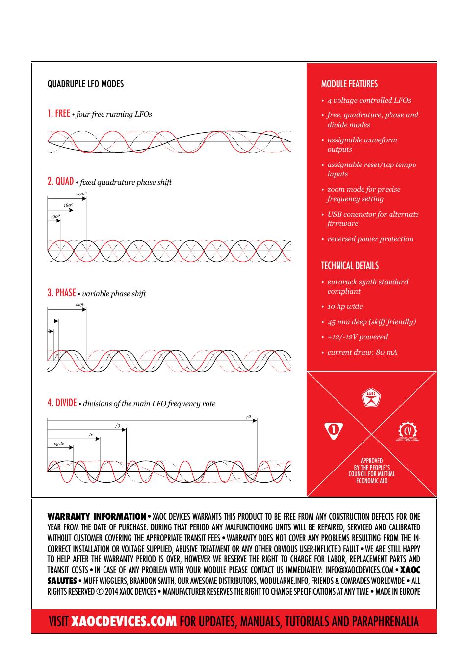 Module features, Technical details, Quad | Phase, Divide, Quadruple lfo modes 1. free | Xaoc Devices Batumi User Manual | Page 4 / 4