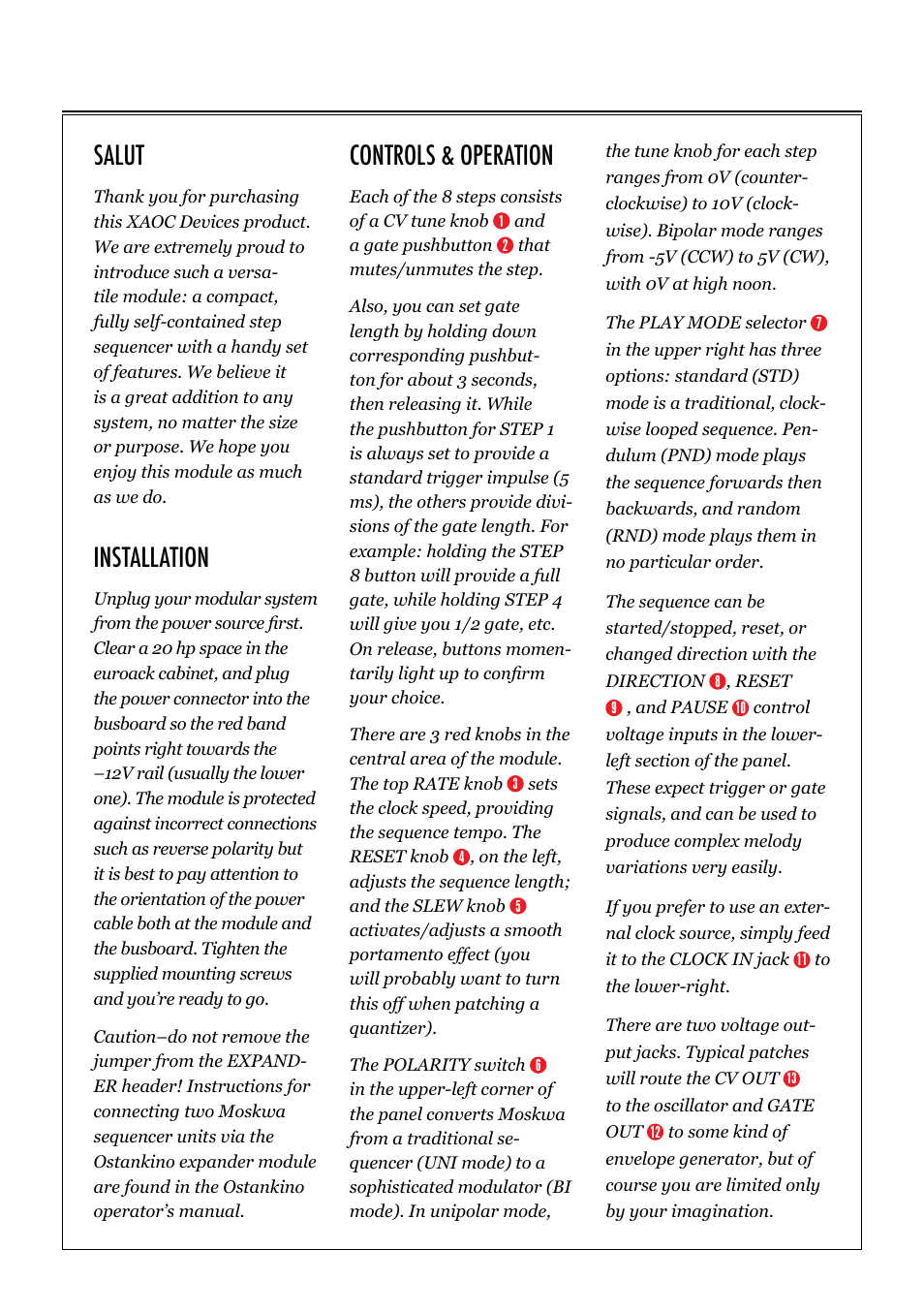 Salut, Installation, Controls & operation | Xaoc Devices Moskwa User Manual | Page 3 / 4